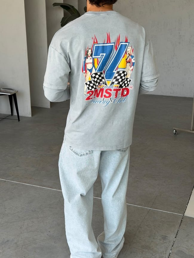 Racing Baskılı Yıkamalı Çift Kol Oversize Sweat T Gri