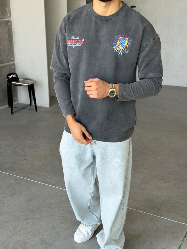 Racing Baskılı Yıkamalı Çift Kol Oversize Sweat T Siyah