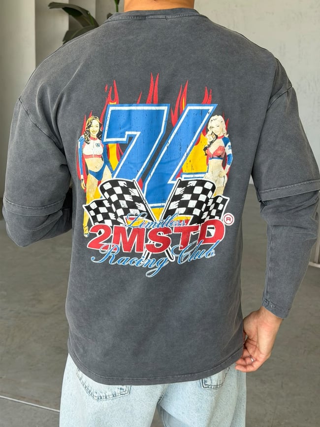 Racing Baskılı Yıkamalı Çift Kol Oversize Sweat T Siyah