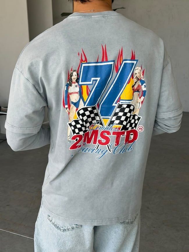 Racing Baskılı Yıkamalı Çift Kol Oversize Sweat T Gri