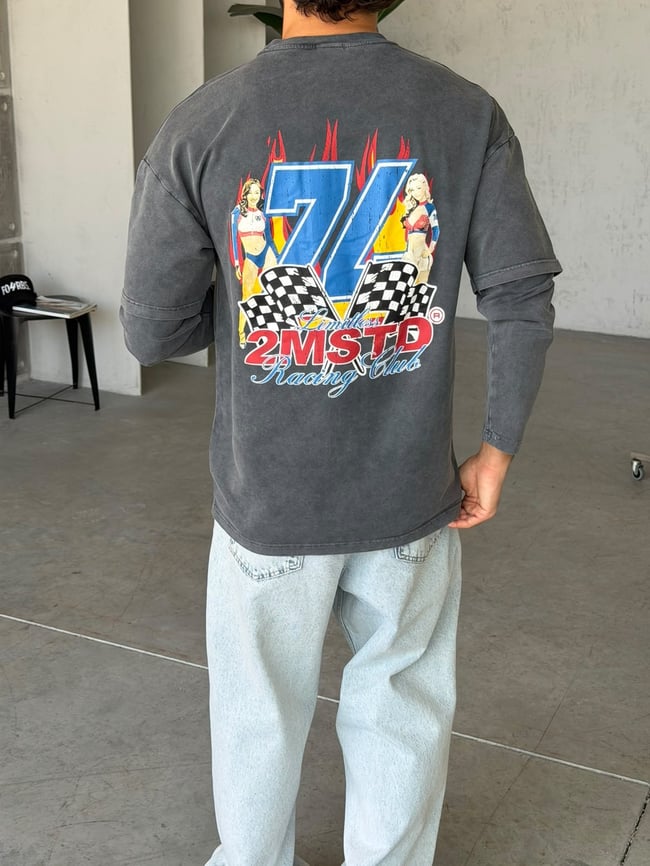 Racing Baskılı Yıkamalı Çift Kol Oversize Sweat T Siyah