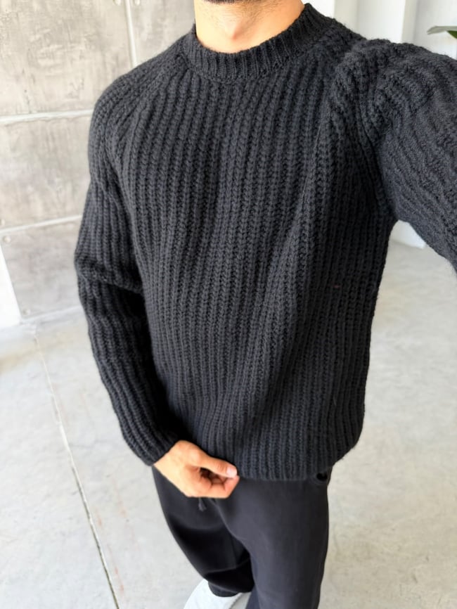 Reglan Kol Fitilli Örgü Triko Siyah