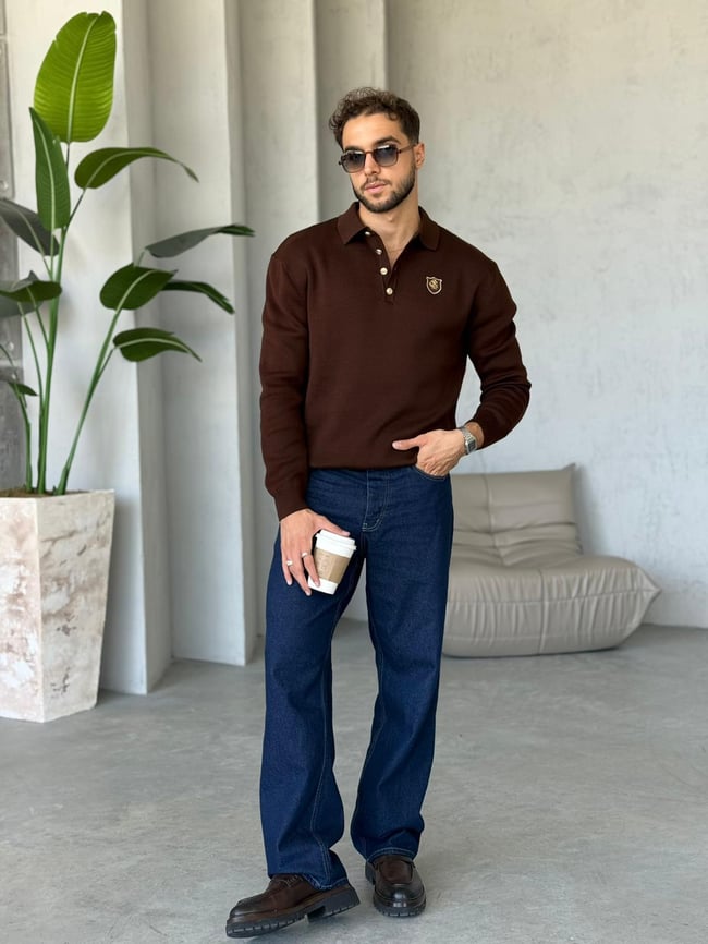 Regular Fit Old Money Polo Yaka Triko KAHVE