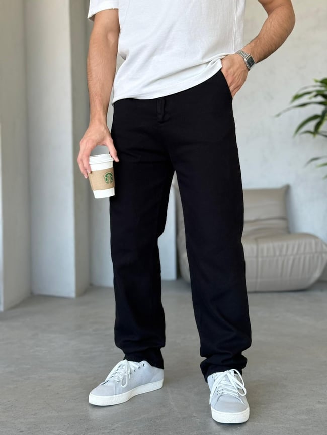 Regular Kalıp Dokulu Gabardin Pantolon - Siyah