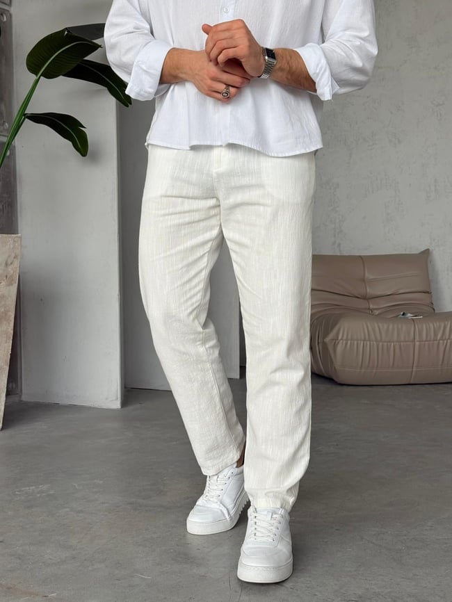 Regular Kalıp Keten Pantolon  Y - Beyaz