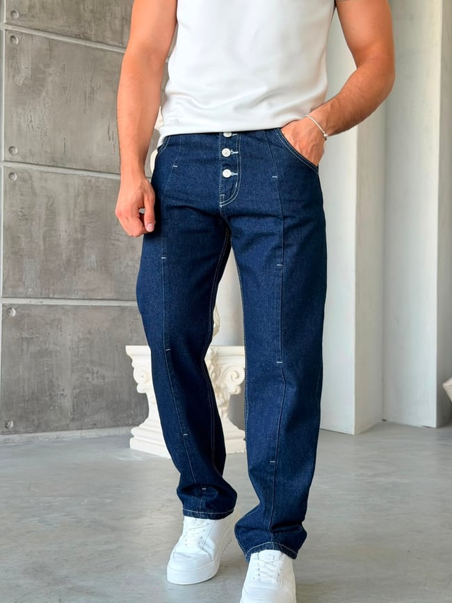 Regular Kalıp Kontrast Dikişli Yıkamalı Kot Pantolon-W