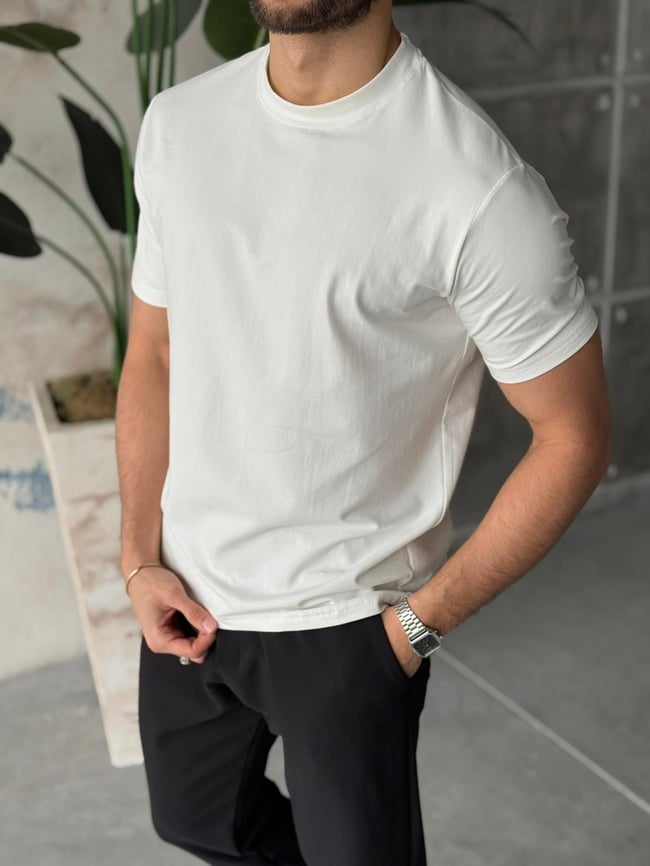 Regular Kalıp Likralı Basic T-Shirt - Beyaz