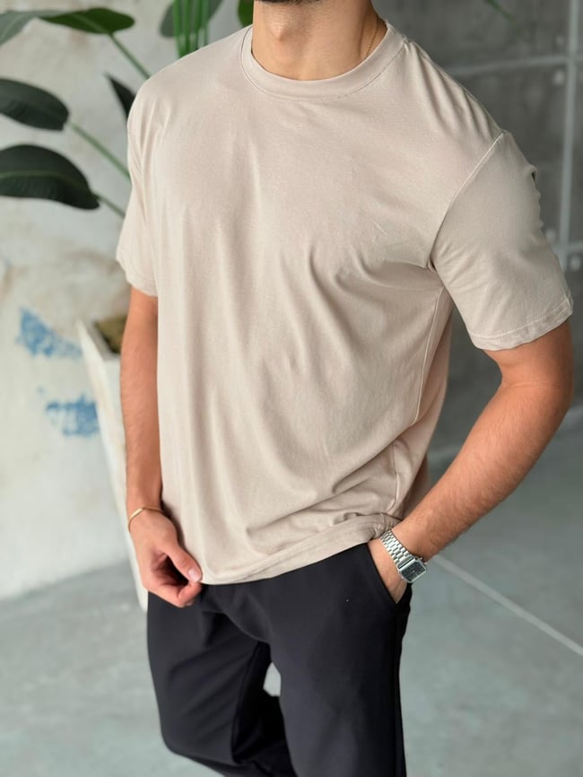 Regular Kalıp Likralı Basic T-Shirt - Krem