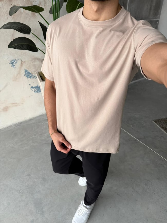 Regular Kalıp Likralı Basic T-Shirt - Krem