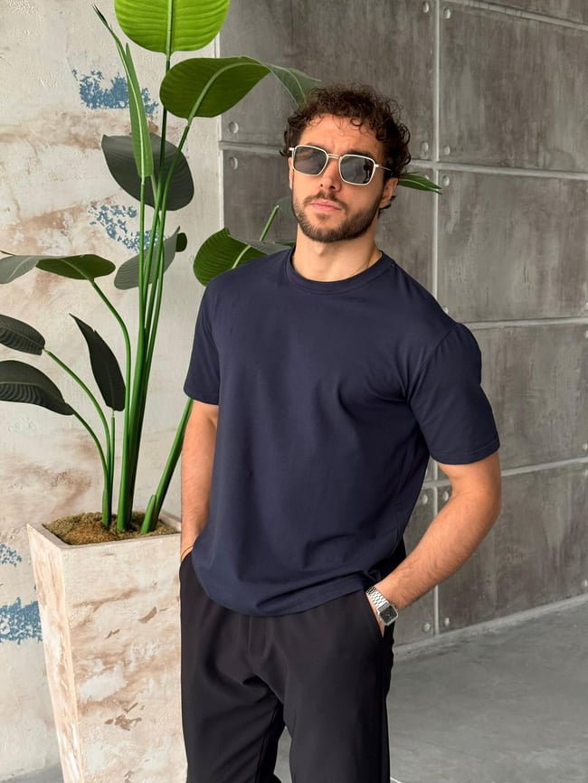 Regular Kalıp Likralı Basic T-Shirt - Lacivert