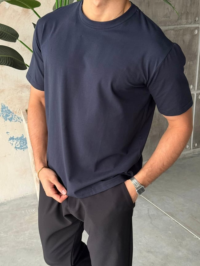 Regular Kalıp Likralı Basic T-Shirt - Lacivert