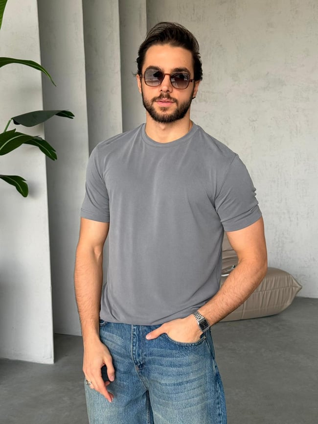 Regular Kalıp Yıkamalı Modal T-Shirt Y - Gri