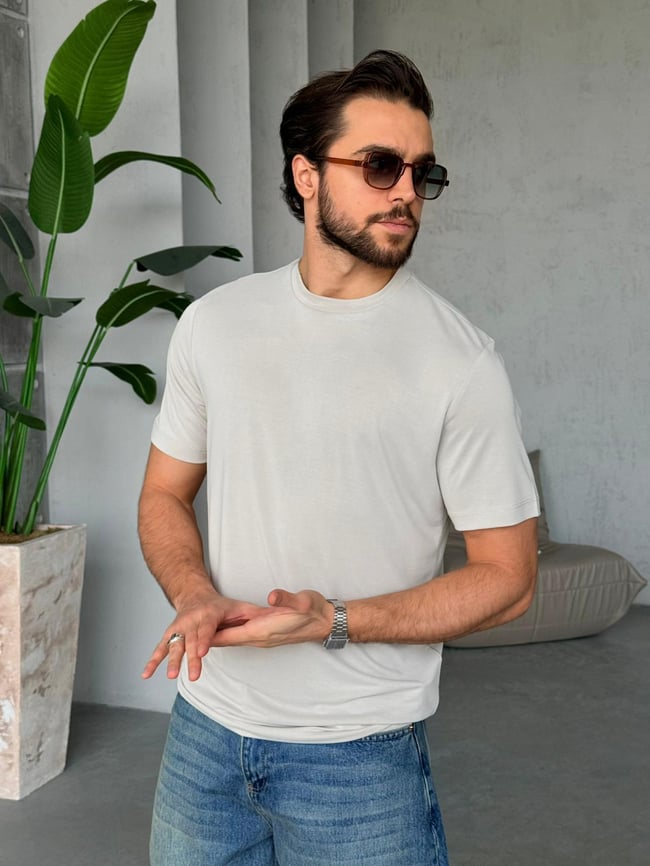 Regular Kalıp Yıkamalı Modal T-Shirt Y - Taş