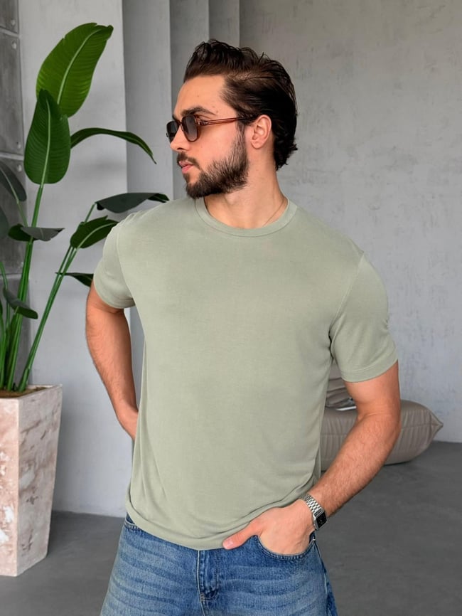 Regular Kalıp Yıkamalı Modal T-Shirt Y - Yeşil
