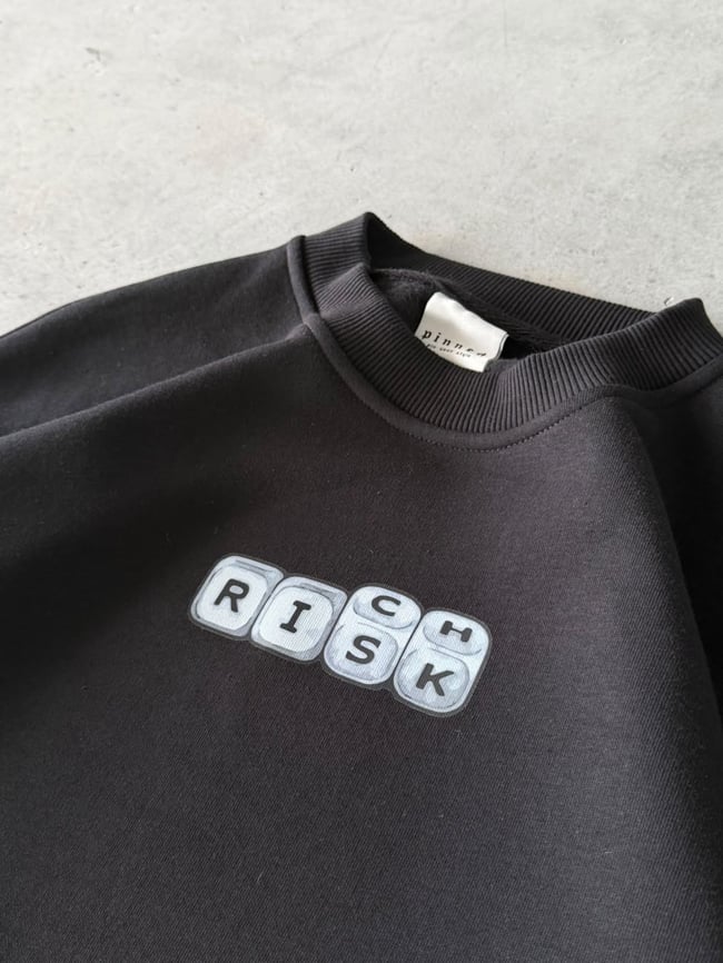 Rıch Baskılı Oversize 3 İplik Kapüşonlu Sweat Siyah