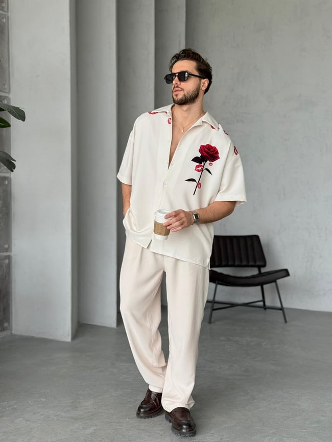 ROSE Desenli Dubble Hürrem Kumaş Oversize Gömlek T