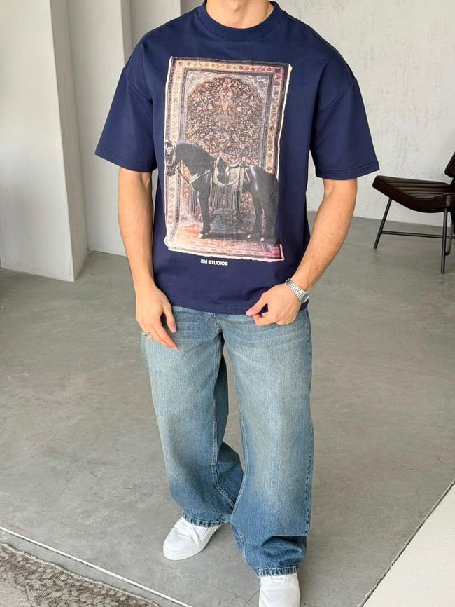 Royal Persian Horse Baskılı Overıze T-Shirt T - Lacivert