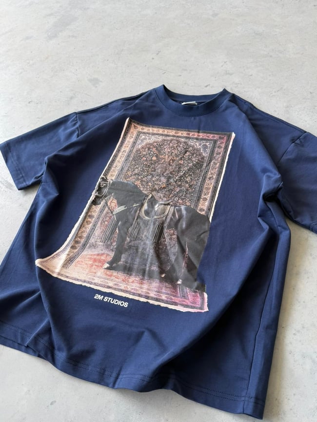 Royal Persian Horse Baskılı Overıze T-Shirt T - Lacivert