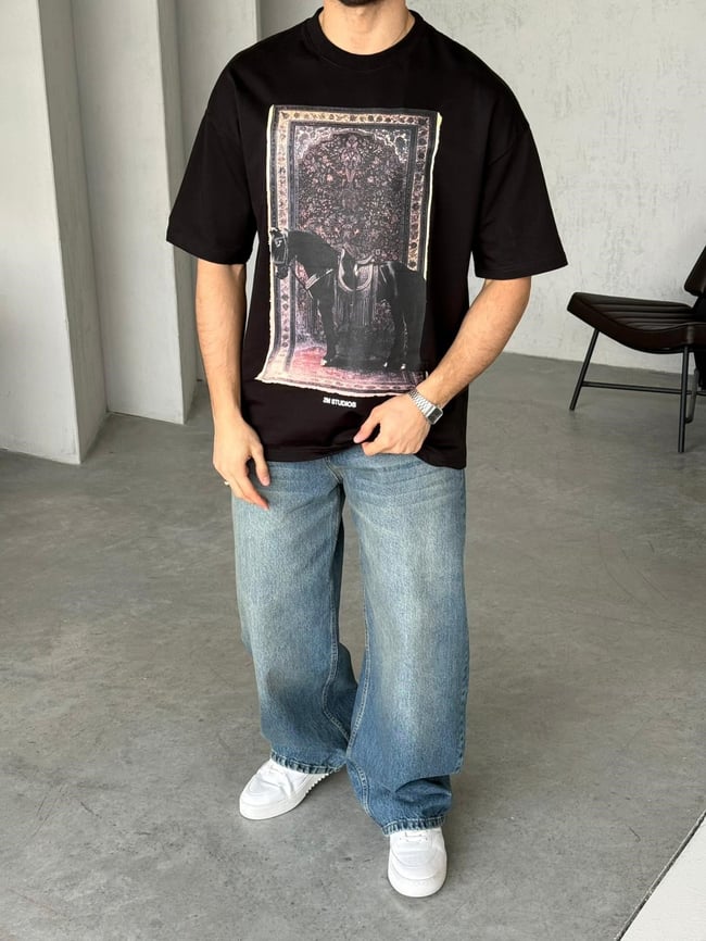 Royal Persian Horse Baskılı Overıze T-Shirt T - Siyah