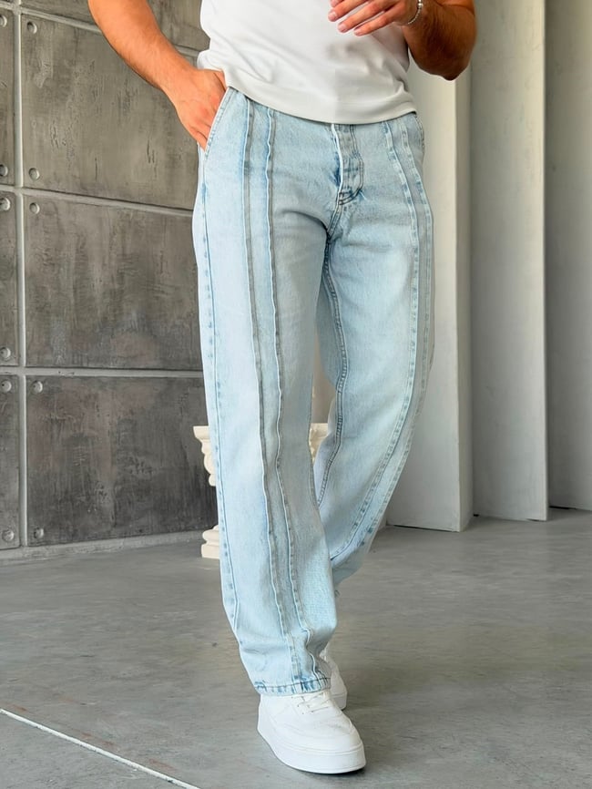 Şerit Detaylı Kar Yıkama  Baggy Kot Pantolon-W