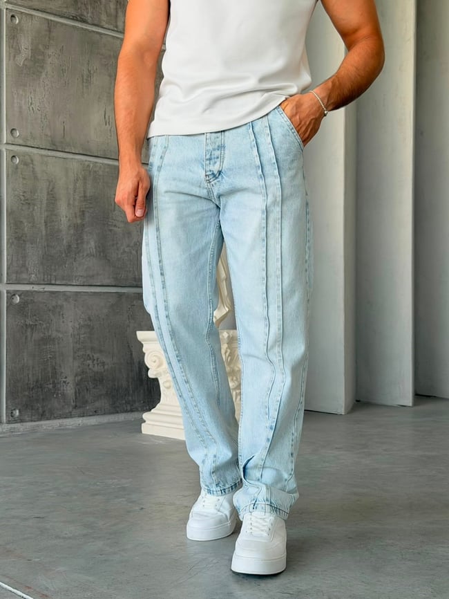 Şerit Detaylı Kar Yıkama  Baggy Kot Pantolon-W