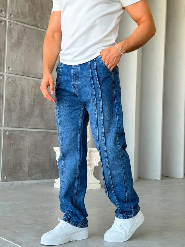Şerit Detaylı Mavi  Baggy Kot Pantolon-W