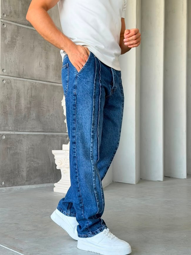 Şerit Detaylı Mavi  Baggy Kot Pantolon-W