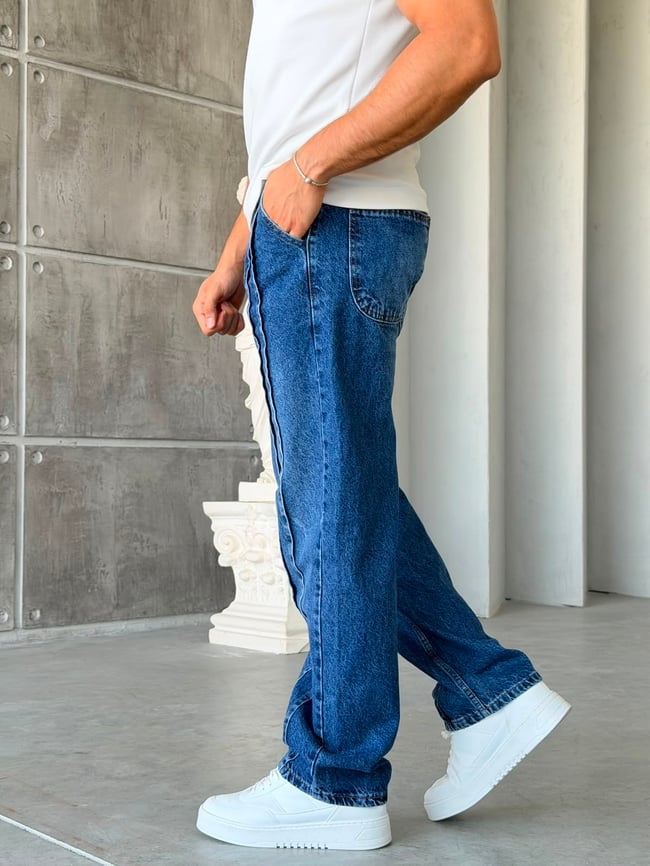 Şerit Detaylı Mavi  Baggy Kot Pantolon-W