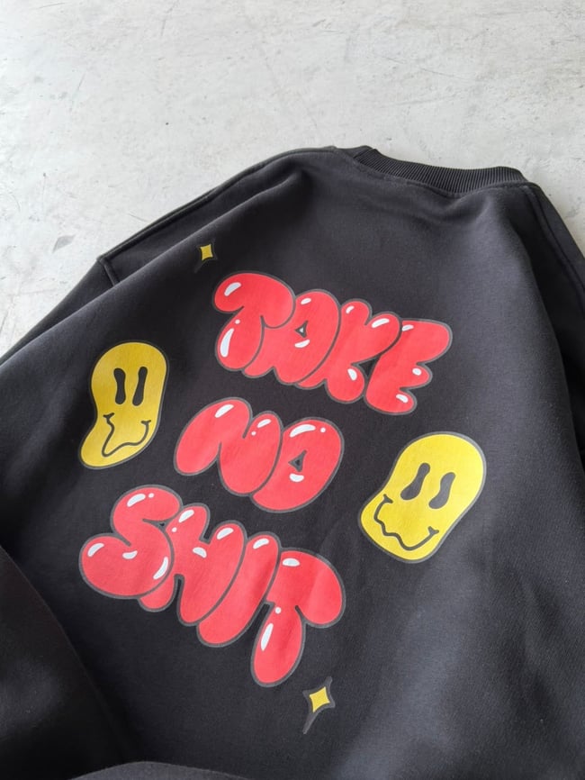 Shit Baskılı Oversize 3 İplik Bisiklet Yaka Sweat Siyah