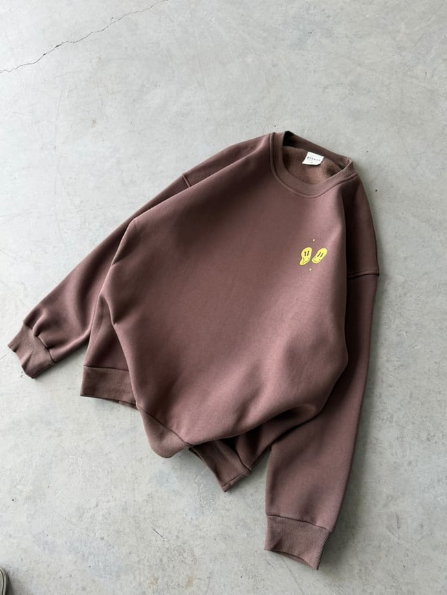 Shit Baskılı Oversize 3 İplik Bisiklet Yaka Sweat Kahverengi