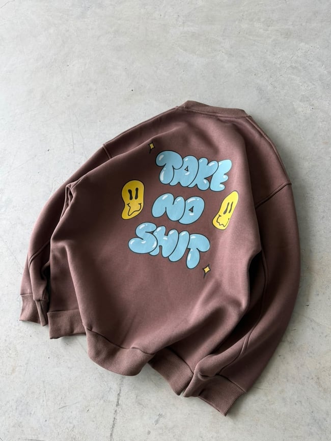 Shit Baskılı Oversize 3 İplik Bisiklet Yaka Sweat Kahverengi