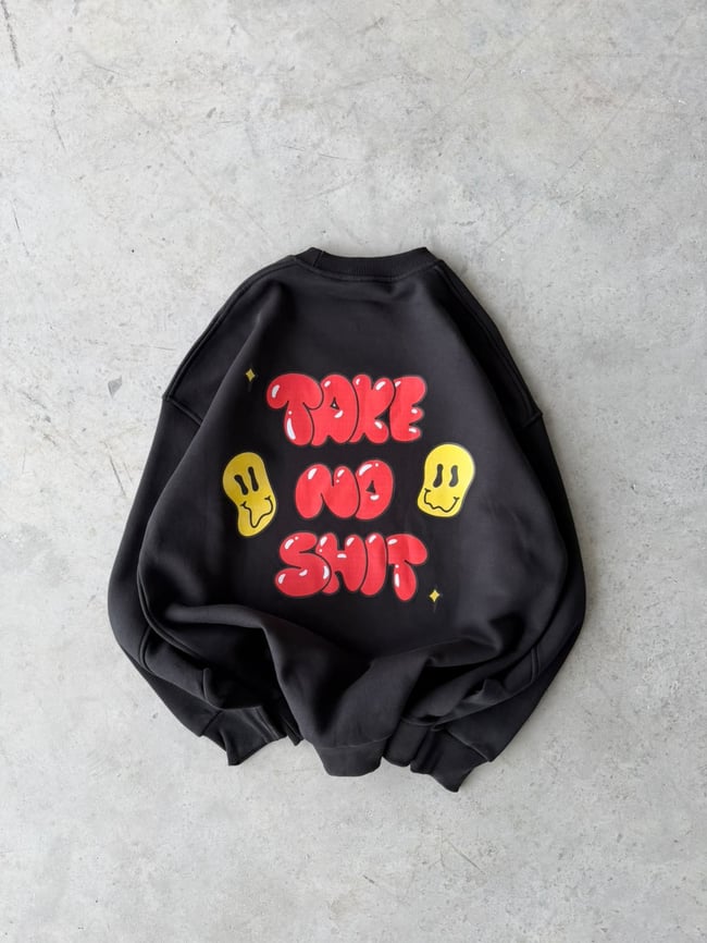 Shit Baskılı Oversize 3 İplik Bisiklet Yaka Sweat Siyah