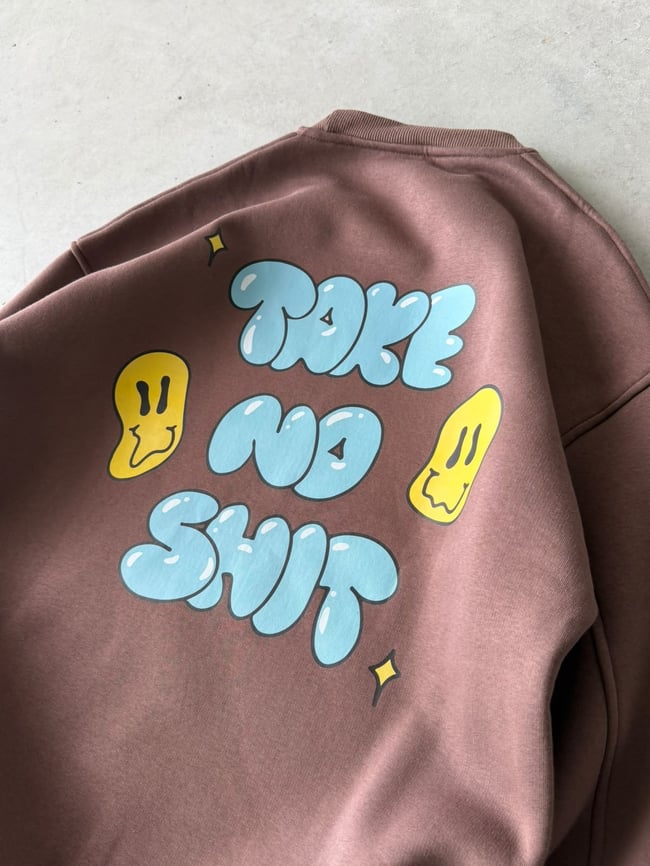 Shit Baskılı Oversize 3 İplik Bisiklet Yaka Sweat Kahverengi