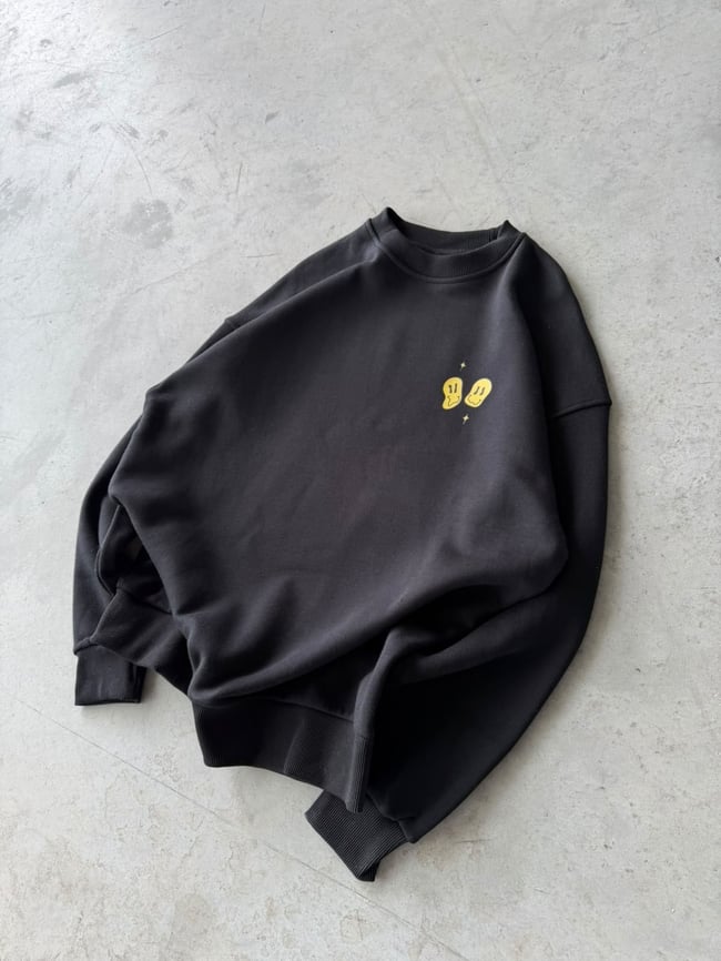 Shit Baskılı Oversize 3 İplik Bisiklet Yaka Sweat Siyah