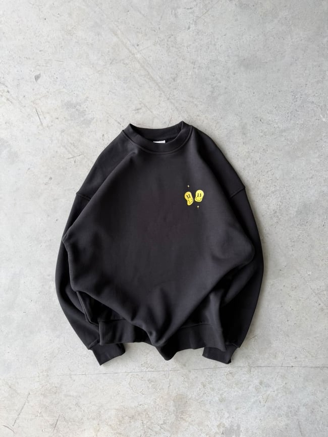 Shit Baskılı Oversize 3 İplik Bisiklet Yaka Sweat Siyah