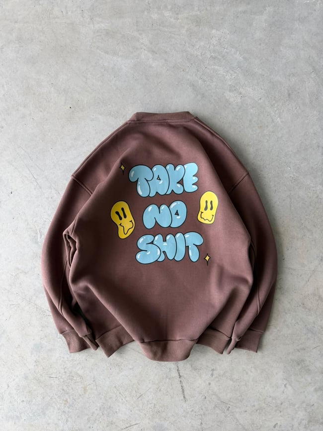 Shit Baskılı Oversize 3 İplik Bisiklet Yaka Sweat Kahverengi