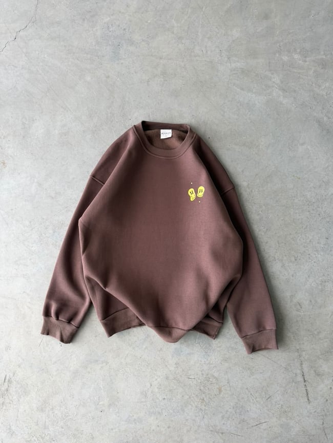 Shit Baskılı Oversize 3 İplik Bisiklet Yaka Sweat Kahverengi