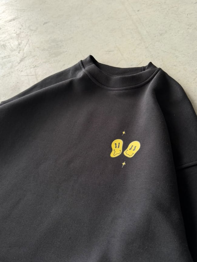Shit Baskılı Oversize 3 İplik Bisiklet Yaka Sweat Siyah