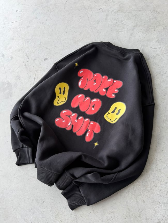 Shit Baskılı Oversize 3 İplik Bisiklet Yaka Sweat Siyah