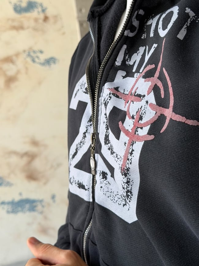 Shot Yıpratma Detaylı Baskılı Oversize Kapüşonlu Fermuarlı Sweat T Yıkamalı Lacivert