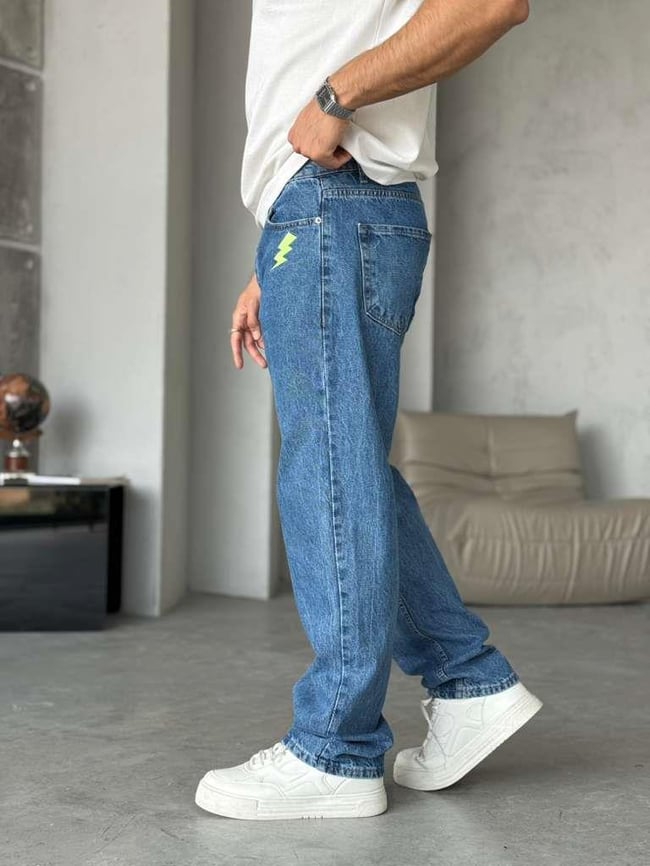 ŞİMŞEK NAKIŞLI BAGGY KOT PANTOLON - Mavi