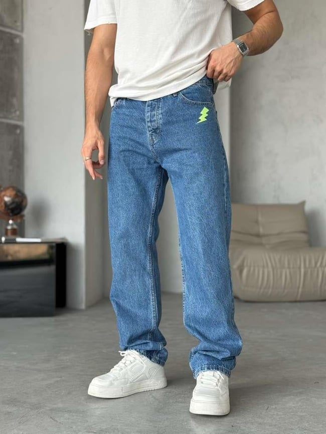 ŞİMŞEK NAKIŞLI BAGGY KOT PANTOLON - Mavi
