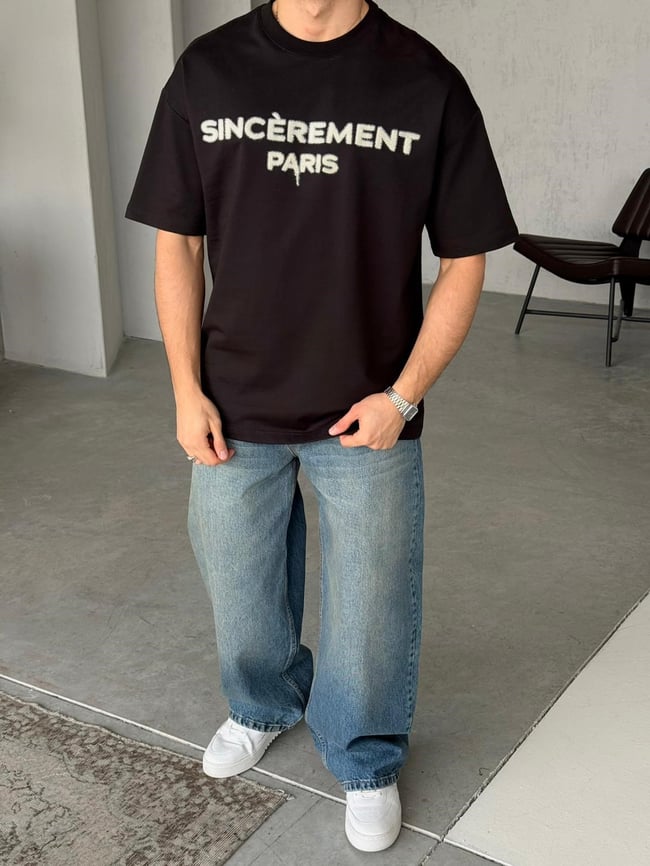 SINCEREMENT PARIS Flock Baskılı Oversize T-Shirt - Siyah