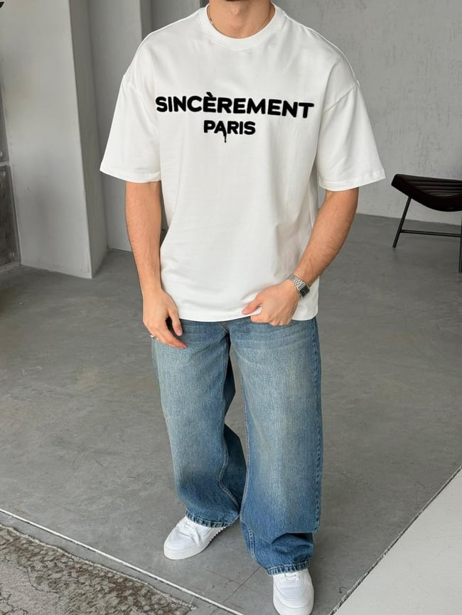 SINCEREMENT PARIS Flock Baskılı Oversize T-Shirt - Beyaz