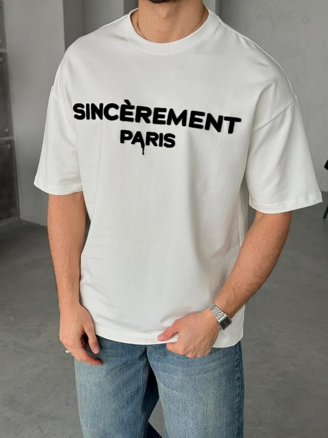 SINCEREMENT PARIS Flock Baskılı Oversize T-Shirt - Beyaz