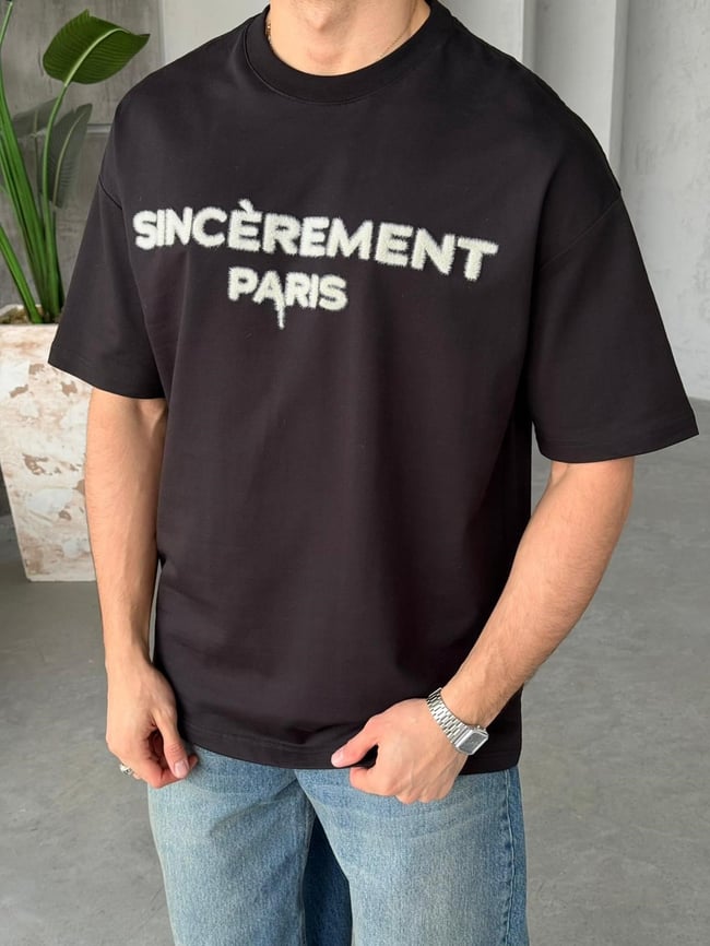 SINCEREMENT PARIS Flock Baskılı Oversize T-Shirt - Siyah