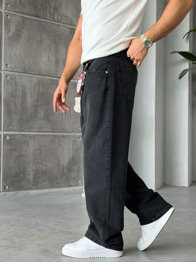 Siyah Yıkamalı Aksesuar Kemer Detaylı Baggy Kot Pantolon w