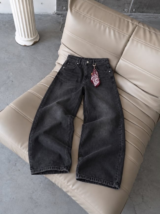 Siyah Yıkamalı Aksesuar Kemer Detaylı Baggy Kot Pantolon w