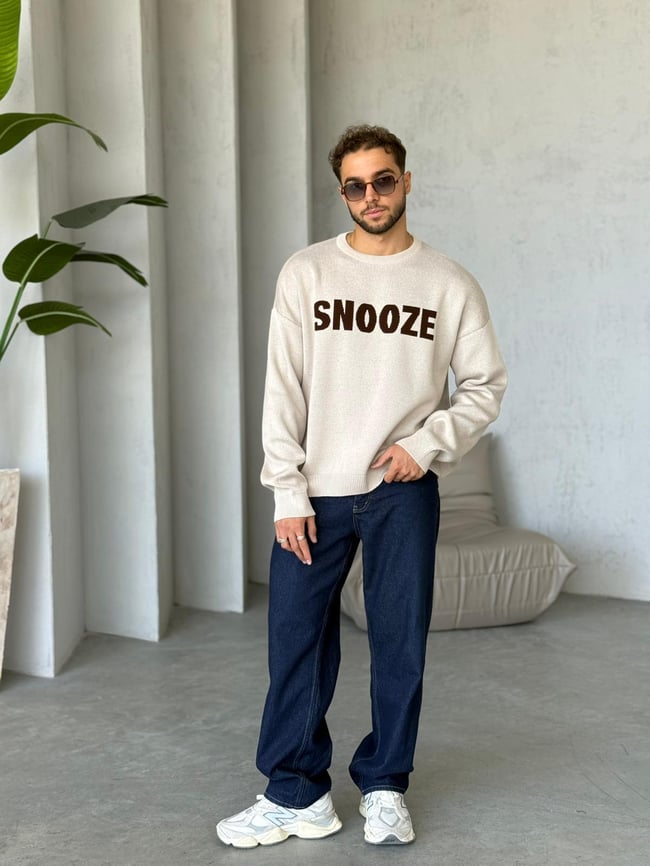 Snooze Yazılı Oversize Triko Sweat Krem