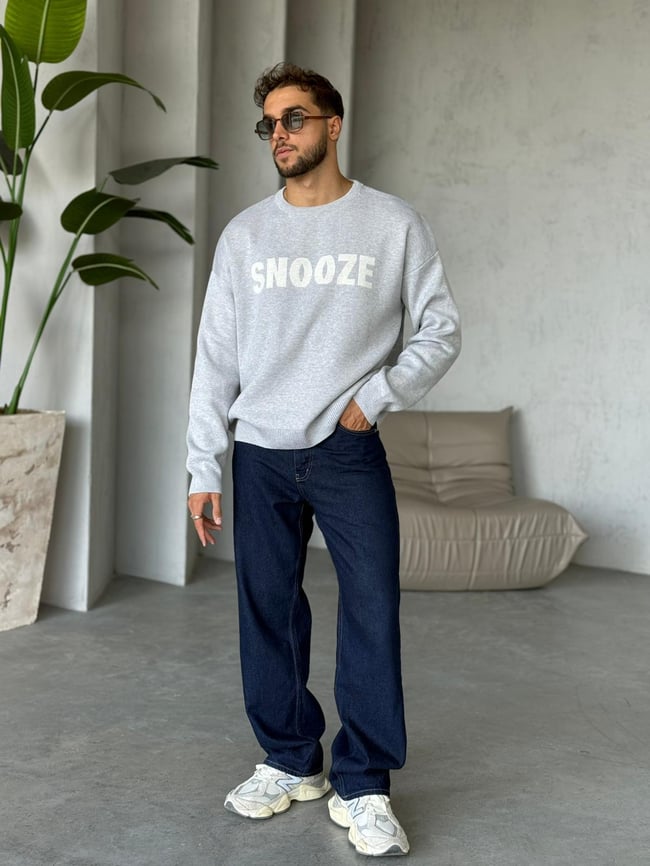 Snoze Yazılı Oversize Triko Sweat Gri